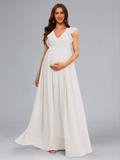 A-Line/Princess Chiffon Sleeveless Ruched Floor-Length Maternity Dresses with Ruffles