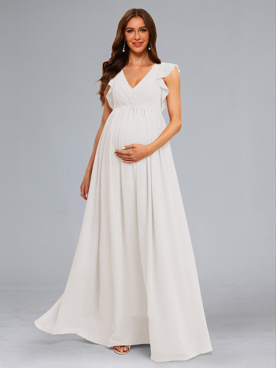 A-Line/Princess Chiffon Sleeveless Ruched Floor-Length Maternity Dresses with Ruffles