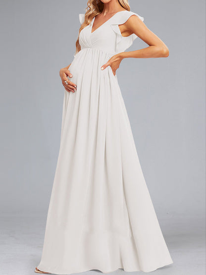 A-Line/Princess Chiffon Sleeveless Ruched Floor-Length Maternity Dresses with Ruffles