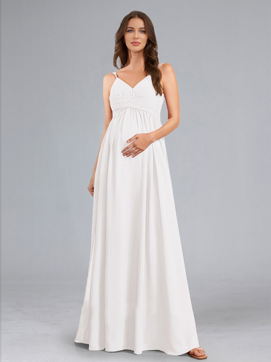 A-Line/Princess Spaghetti Straps V-Neck Ruched Maternity Dresses with Pleats & Appliques