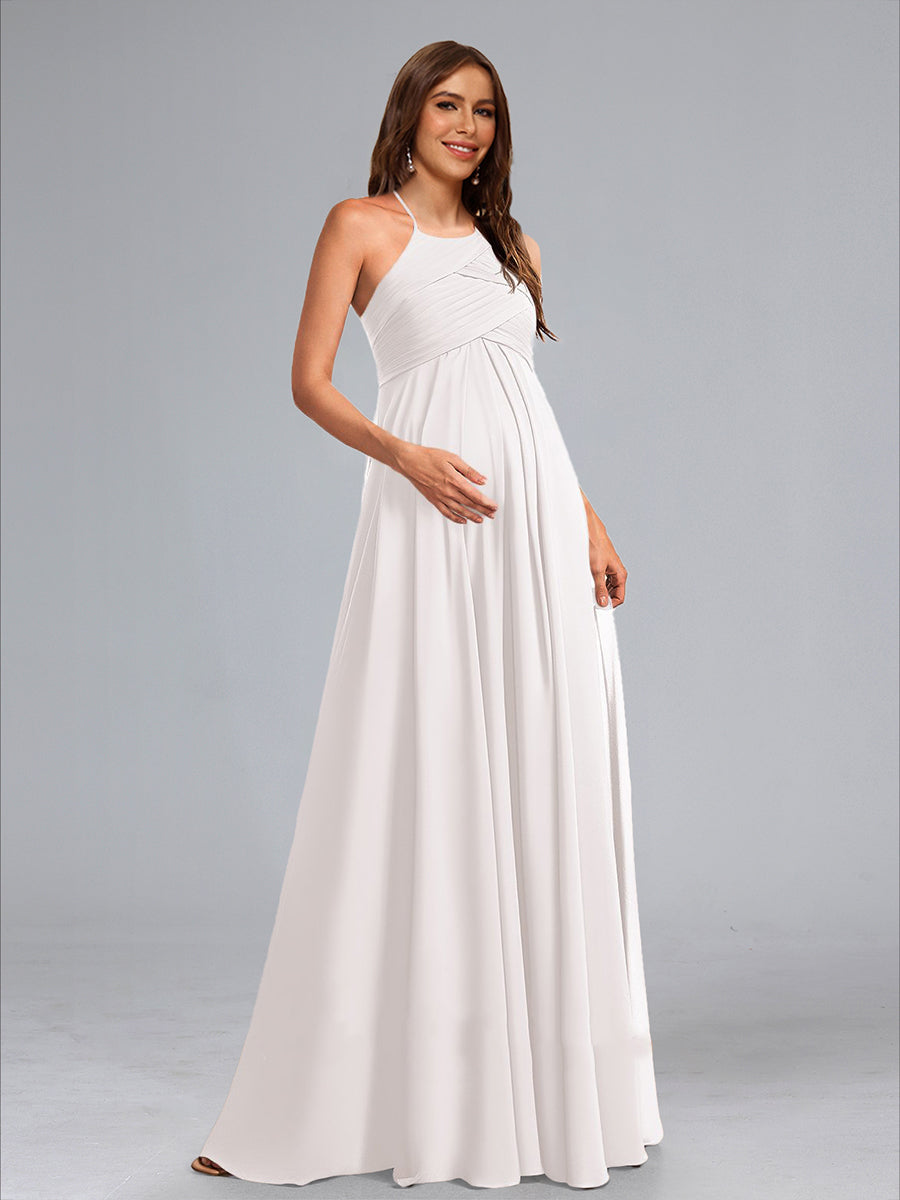 A-Line Halter Neck Ruched Chiffon Floor-Length Maternity Dresses with Pleats