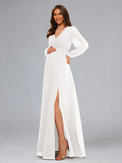 A-Line V-Neck Long Sleeves Floor-Length Maternity Dresses with Sash & Split Side
