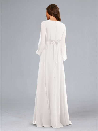 A-Line V-Neck Long Sleeves Floor-Length Maternity Dresses with Sash & Split Side