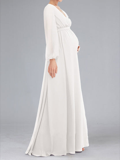 A-Line V-Neck Long Sleeves Floor-Length Maternity Dresses with Sash & Split Side