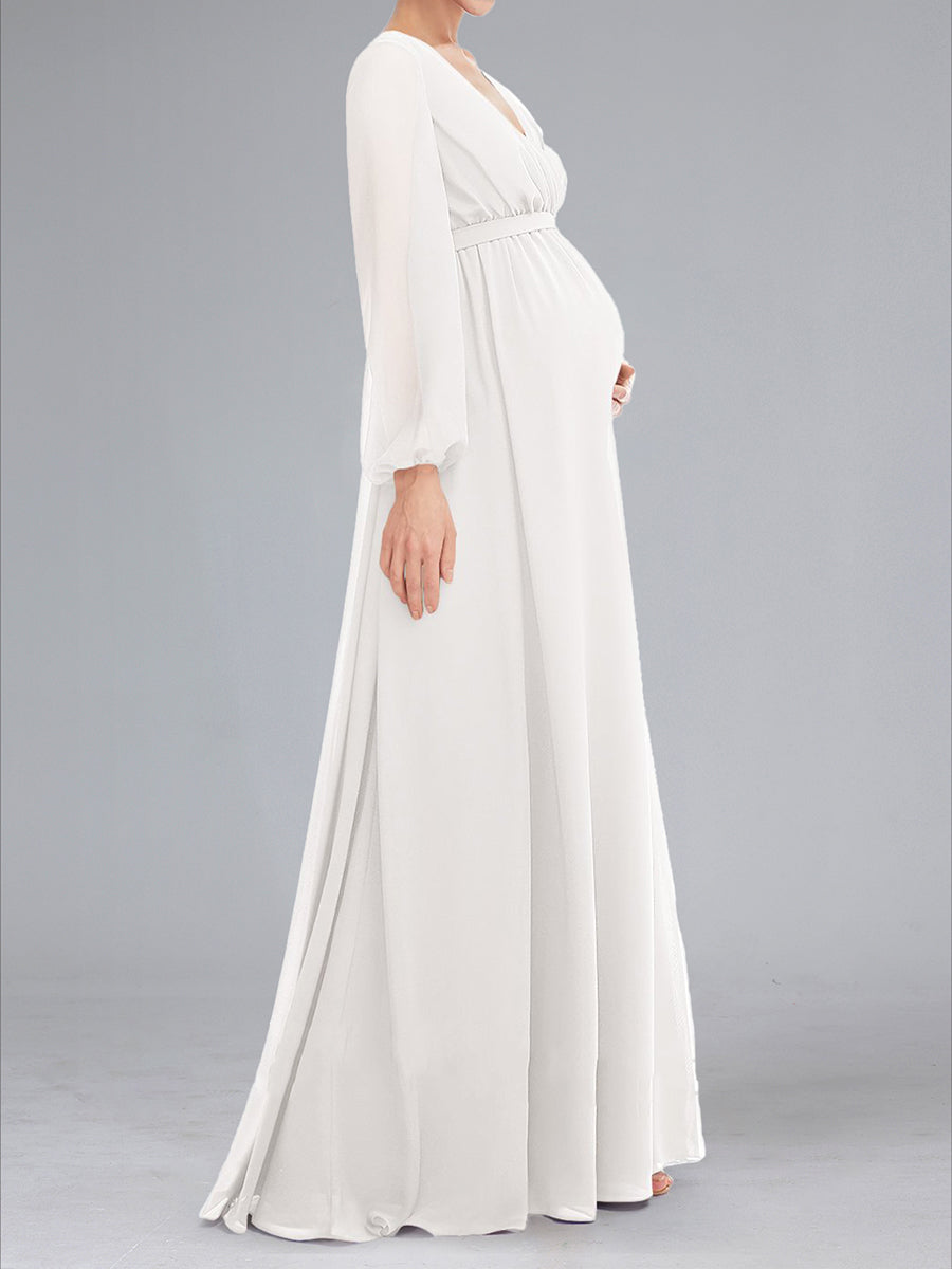 A-Line V-Neck Long Sleeves Floor-Length Maternity Dresses with Sash & Split Side