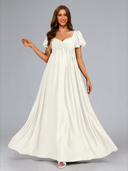 A-Line/Princess V-Neck Short Sleeves Bow Maternity Dresses with Ruffles