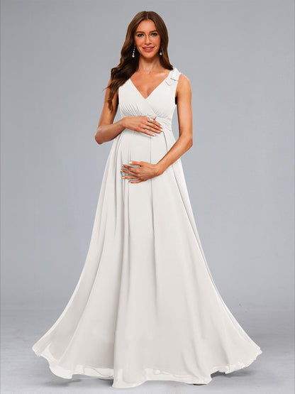 A-Line/Princess Sleeveless Long Chiffon Wedding Maternity Dresses with Bow & Pleats