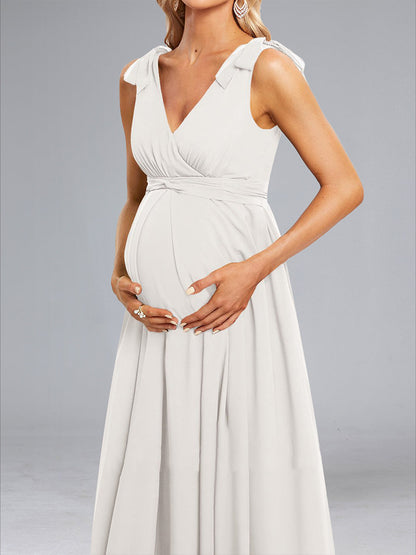 A-Line/Princess Sleeveless Long Chiffon Wedding Maternity Dresses with Bow & Pleats