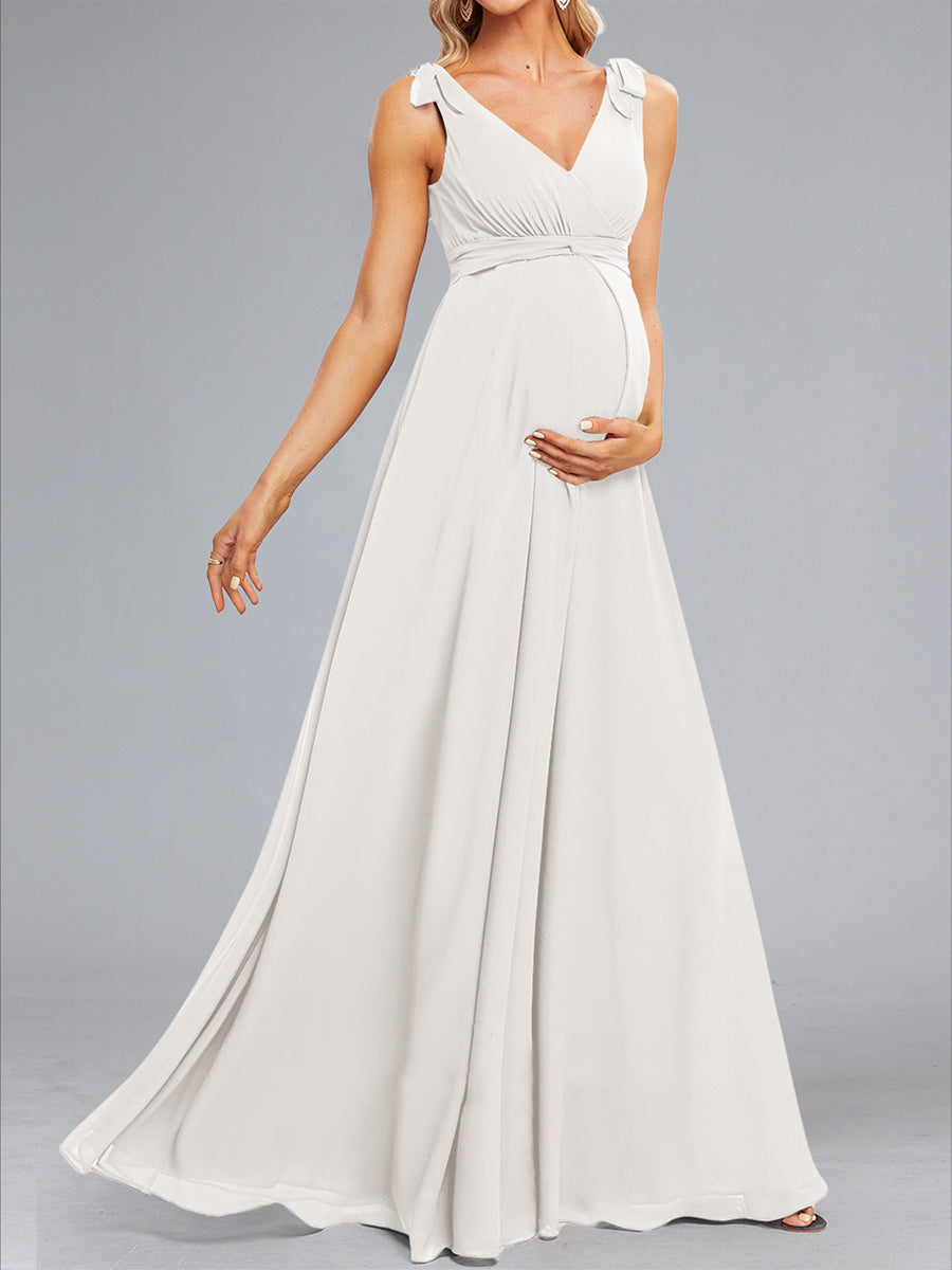 A-Line/Princess Sleeveless Long Chiffon Wedding Maternity Dresses with Bow & Pleats