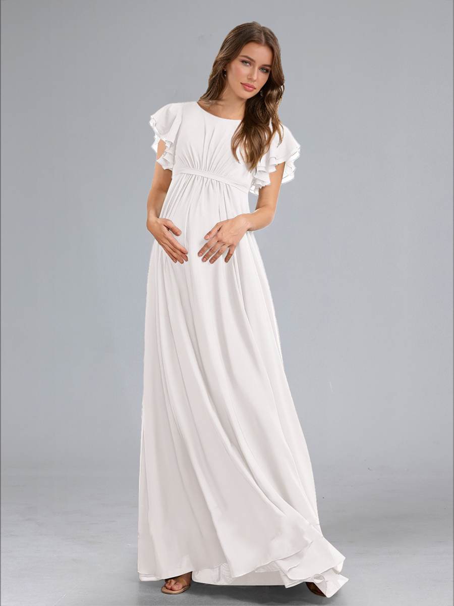 A-Line/Princess Scoop Flutter Sleeves Ruched Maternity Dresses with Sash