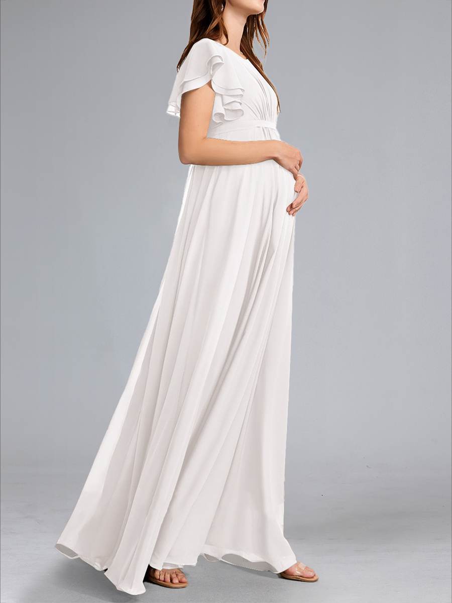 A-Line/Princess Scoop Flutter Sleeves Ruched Maternity Dresses with Sash