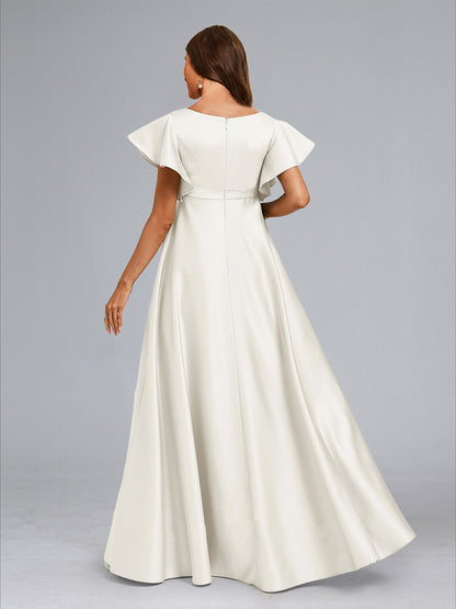 A-Line/Princess V-Neck Short Sleeves Long Elegant Maternity Dresses with Ruffles