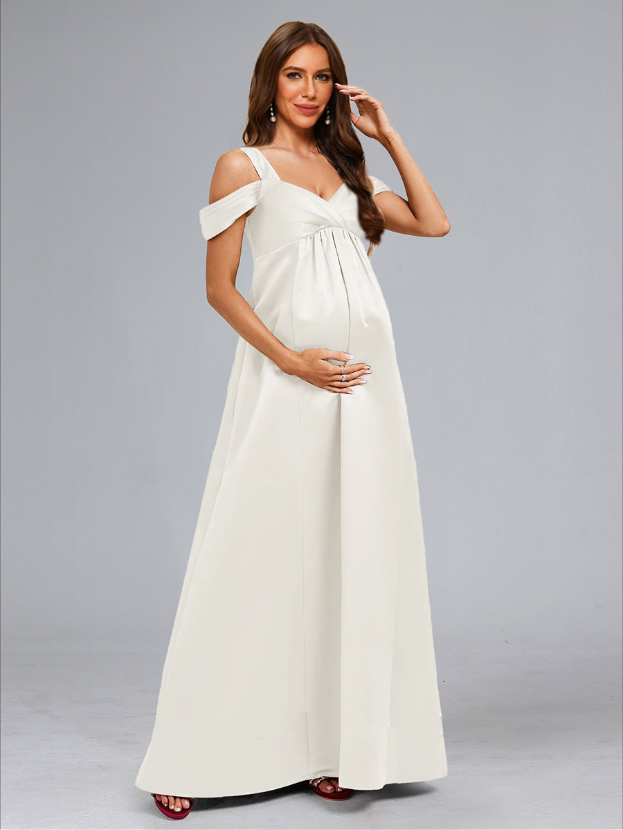 A-Line/Princess Cold Shoulder Floor-Length Maternity Dresses with Button