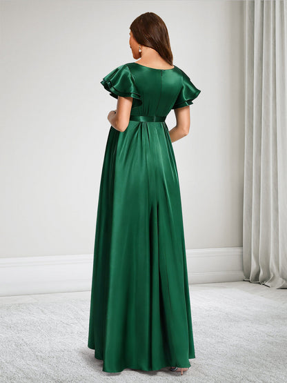 A-Line Crew Neck Floor-Length Baby Shower Bridesmaid Dresses With Ruffles