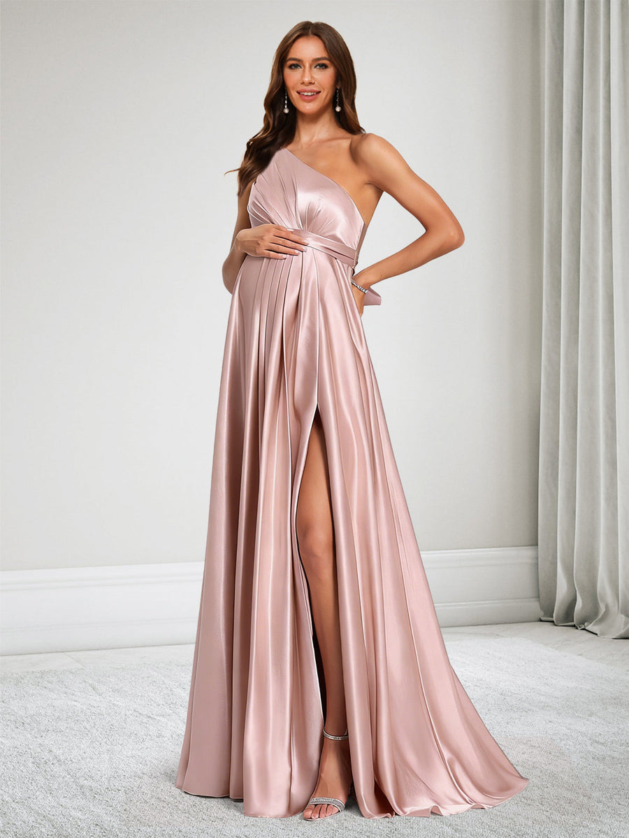 A-Line/Princess One-Shoulder Baby Shower Bridesmaid Dresses With Ruffles & Bowknot