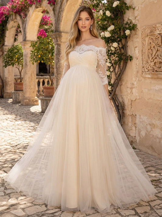 A-Line/Princess Off the Shoulder 3/4 Sleeves Floor-Length Maternity Wedding Dresses With Lace