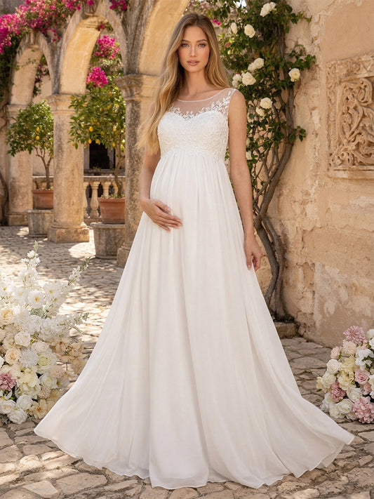 A-Line/Princess Scoop Sleeveless Floor-Length Maternity Wedding Dresses With Applique