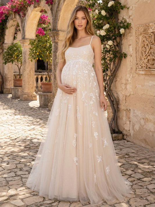 A-Line/Princess Square Neck Spaghetti Straps Sleeveless Floor-Length Maternity Wedding Dresses With Applique