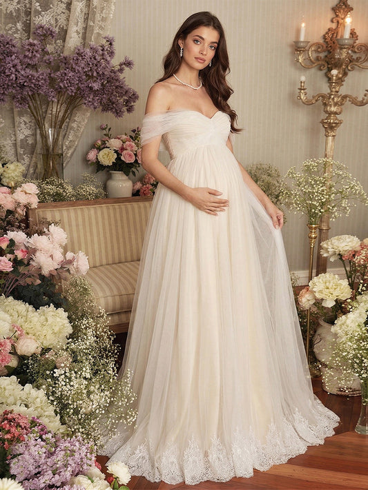 A-Line/Princess Off the Shoulder Strapless Floor-Length Maternity Wedding Dresses With Applique