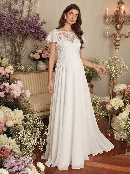 A-Line/Princess Illusion Neck Short Sleeves Floor-Length Maternity Wedding Dresses With Applique & Lace