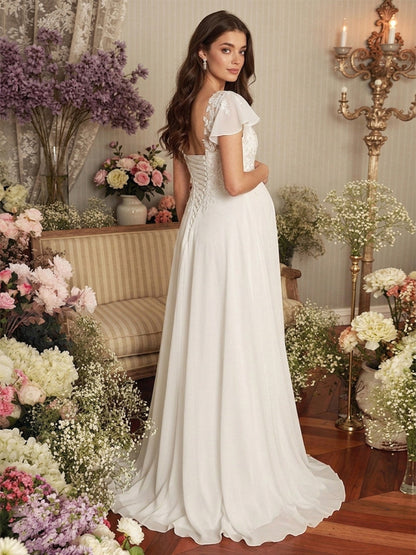 A-Line/Princess Illusion Neck Short Sleeves Floor-Length Maternity Wedding Dresses With Applique & Lace