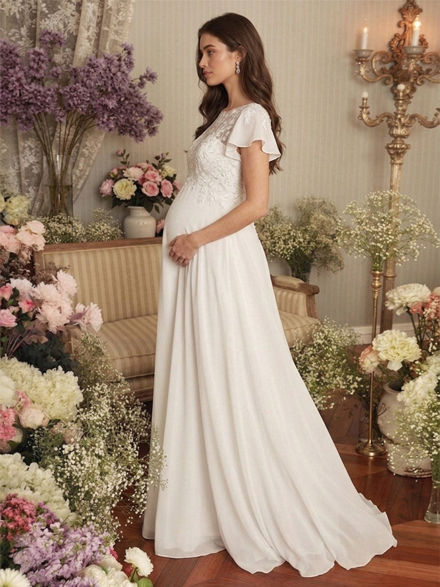 A-Line/Princess Illusion Neck Short Sleeves Floor-Length Maternity Wedding Dresses With Applique & Lace