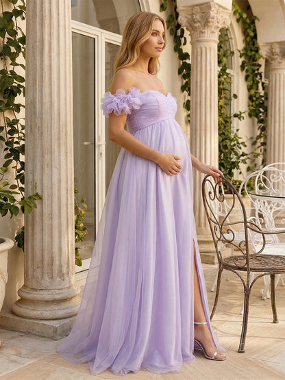 A-Line/Princess Off-the-Shoulder Floor-Length Maternity Wedding Guest Dresses with Pleated & 3D Floral