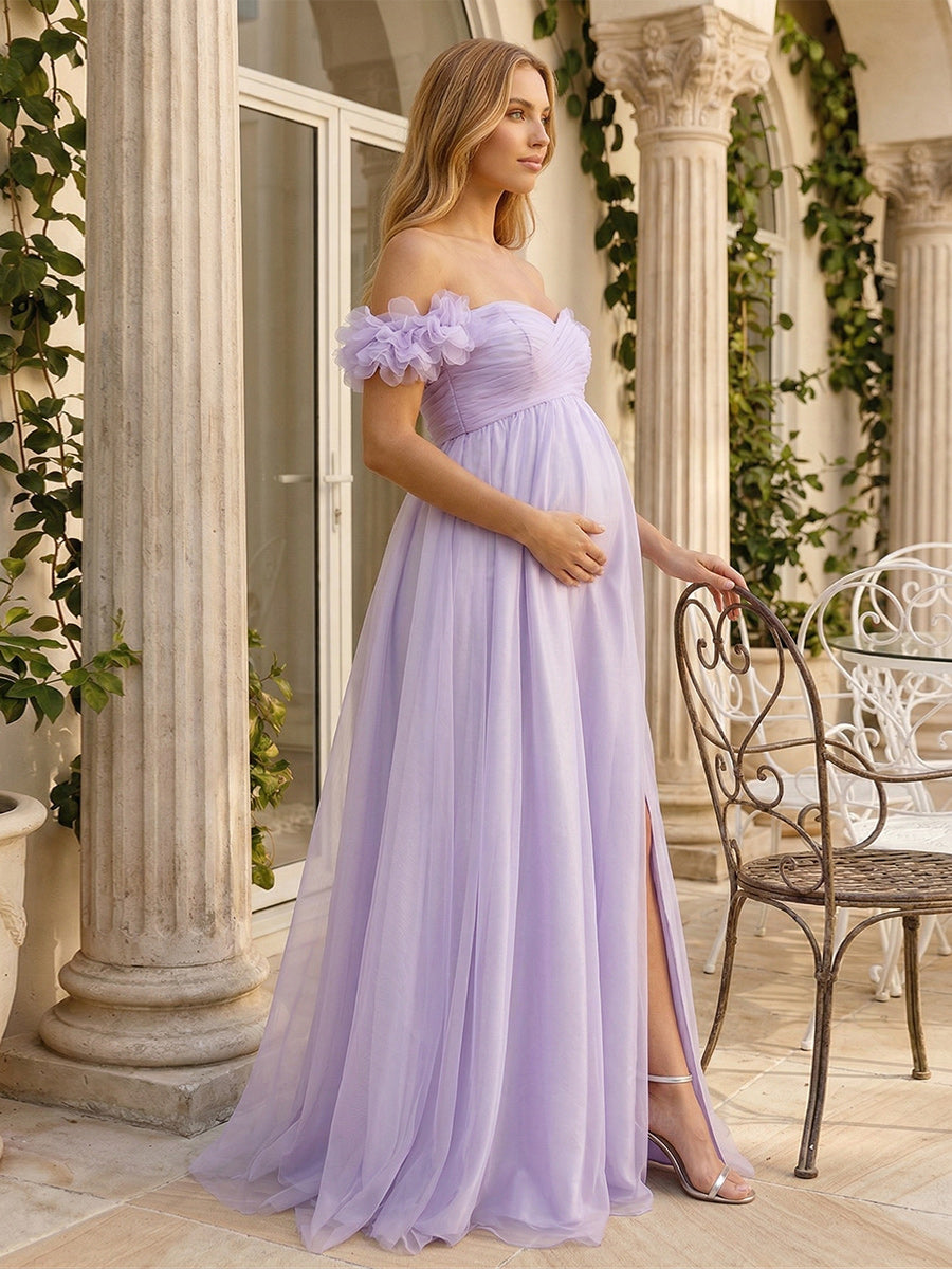 A-Line/Princess Off-the-Shoulder Floor-Length Maternity Wedding Guest Dresses with Pleated & 3D Floral