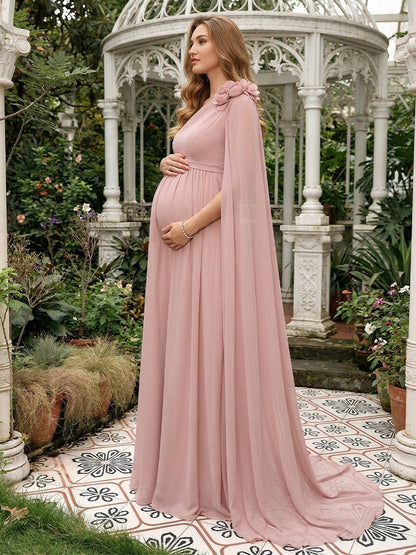 A-Line/Princess One-Shoulder Floor-Length Maternity Wedding Guest Dresses with Pleated & 3D Floral