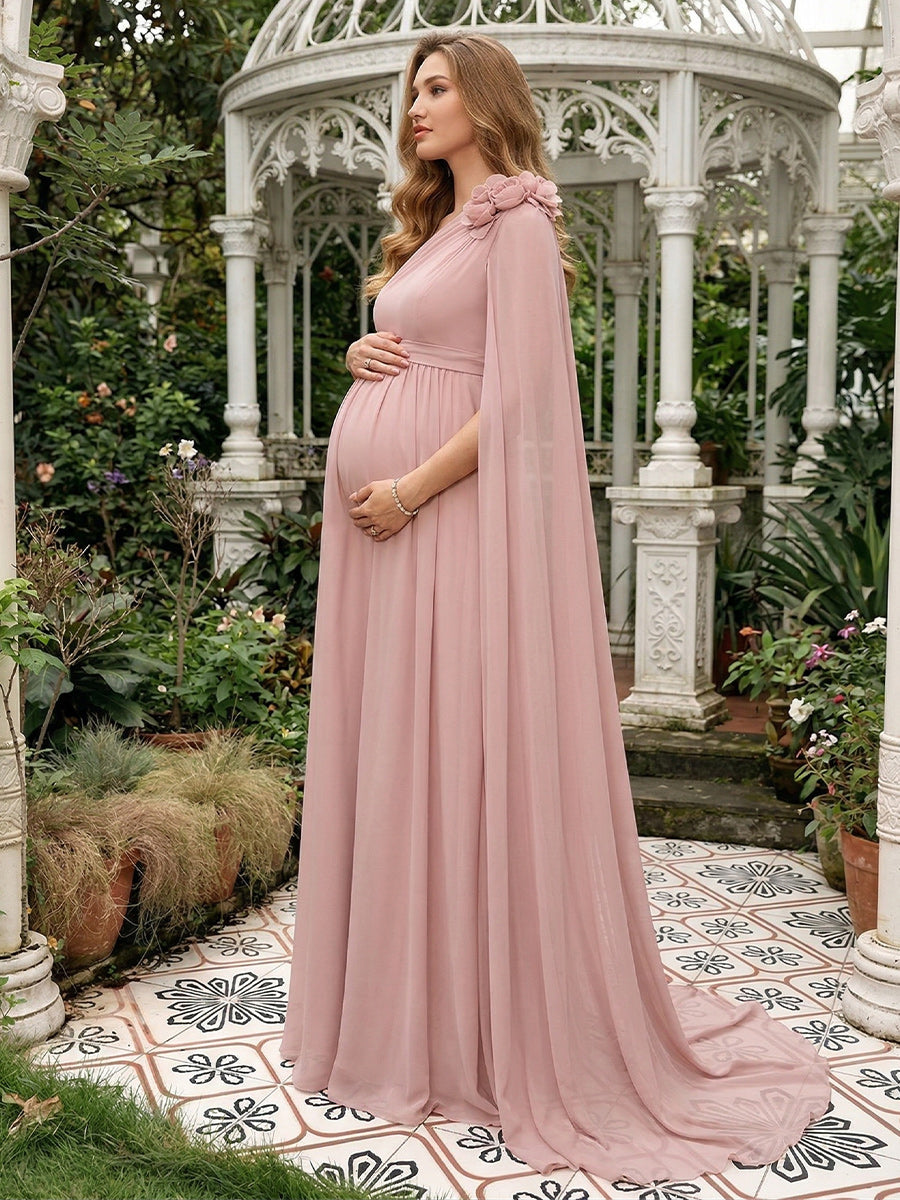 A-Line/Princess One-Shoulder Floor-Length Maternity Wedding Guest Dresses with Pleated & 3D Floral