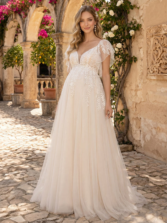 A-Line/Princess V-Neck Flutter Sleeves Court Train Maternity Wedding Dresses With Applique & Lace
