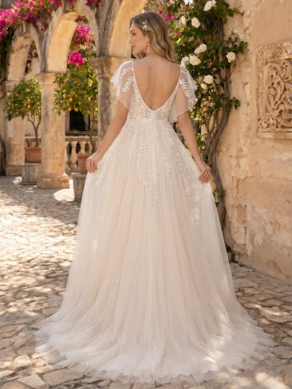 A-Line/Princess V-Neck Flutter Sleeves Court Train Maternity Wedding Dresses With Applique & Lace