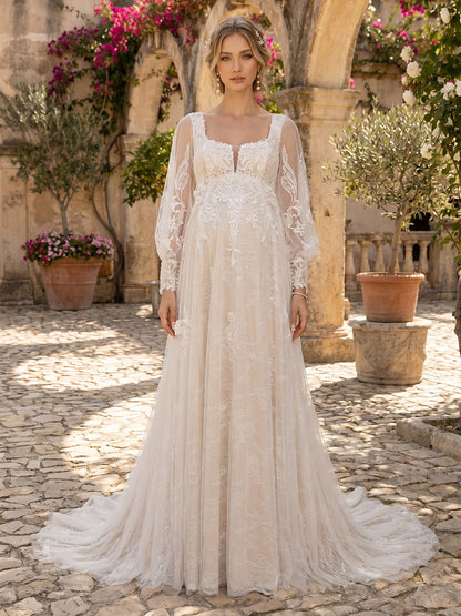 A-Line/Princess Square Neck Long Sleeves Court Train Maternity Wedding Dresses With Applique & Lace