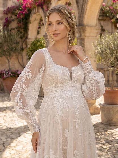 A-Line/Princess Square Neck Long Sleeves Court Train Maternity Wedding Dresses With Applique & Lace