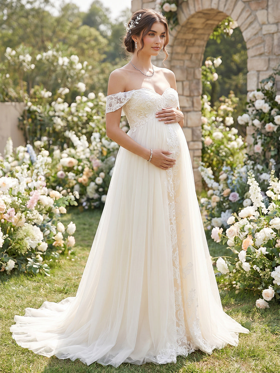 A-Line/Princess  Off the Shoulder Sleeveless Court Train Maternity Wedding Dresses With Applique & Lace