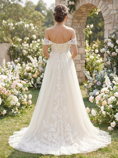 A-Line/Princess  Off the Shoulder Sleeveless Court Train Maternity Wedding Dresses With Applique & Lace