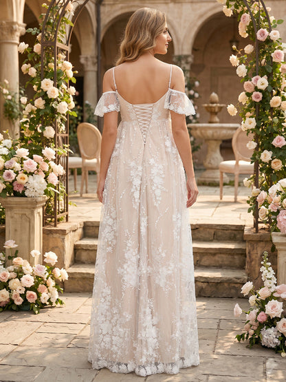 A-Line/Princess Cold Shoulder Spaghetti Straps Sleeveless Floor-Length Maternity Wedding Dresses With Applique & Lace
