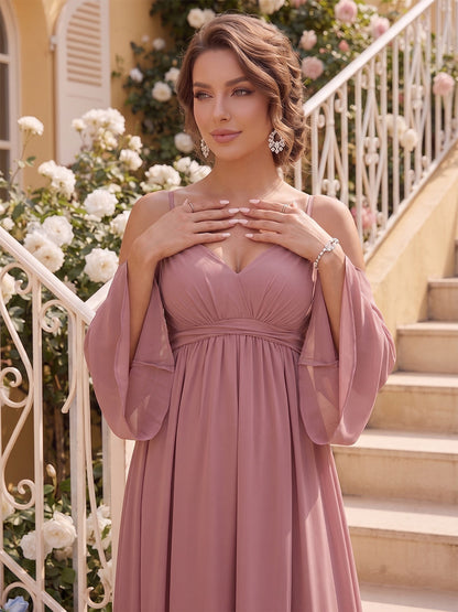 A-Line/Princess Cold Shoulder Long Sleeves Floor-Length Maternity Bridesmaid Dresses With Bowknot & Pleats