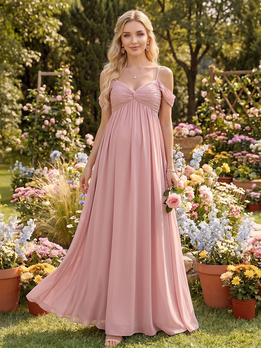 A-Line/Princess Cold Shoulder Sleeveless Floor-Length Maternity Bridesmaid Dresses With Pleats