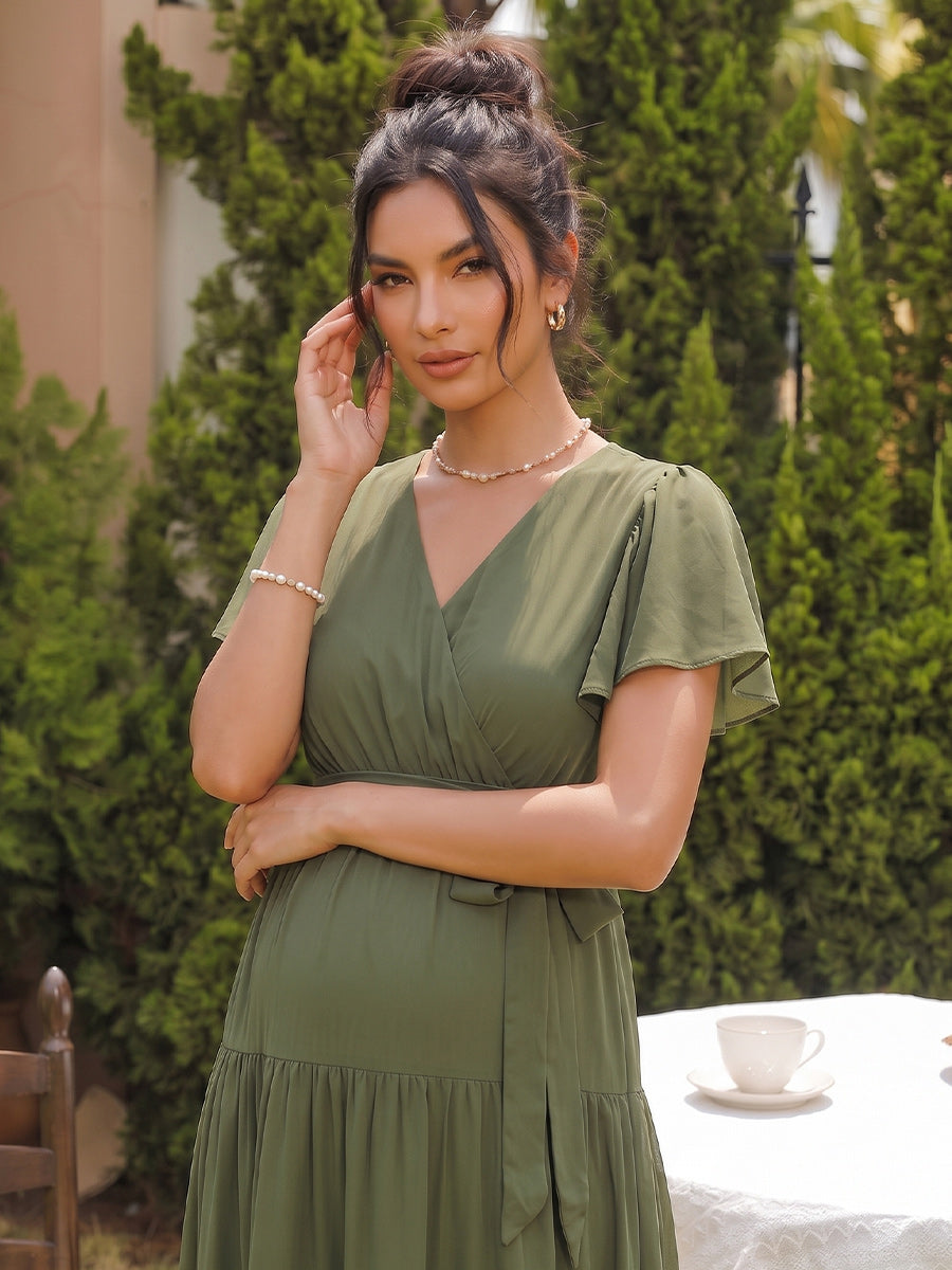 A-Line/Princess V-Neck Short Sleeves Tea-Length Maternity Wedding Guest Dresses With Bowknot & Ruffles