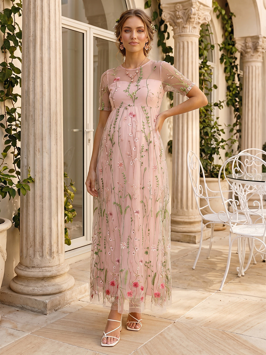 A-Line/Princess Boat Neck Short Sleeves Ankle-Length Maternity Wedding Guest Dresses With Floral Print