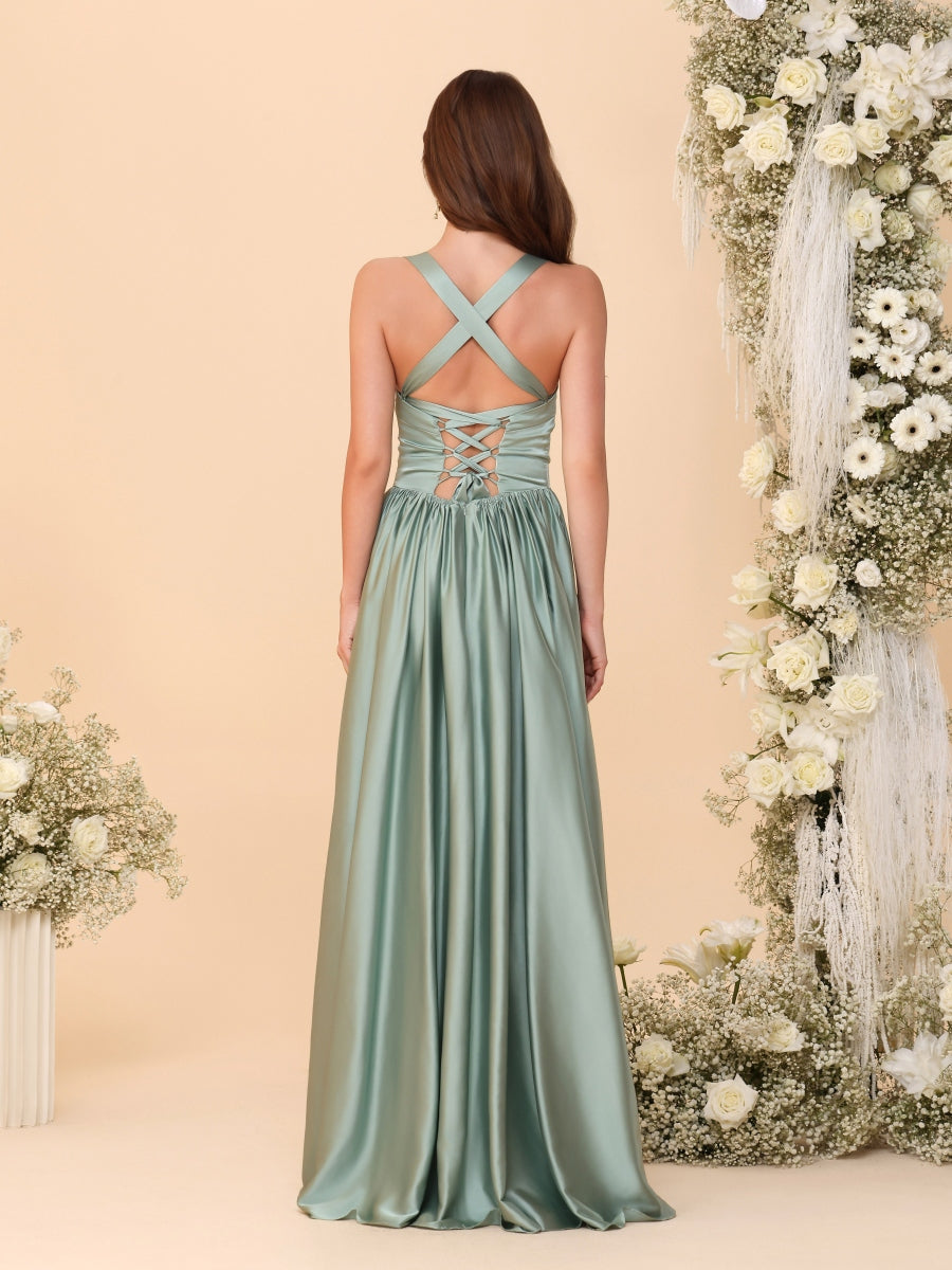 A-Line/Princess V-Neck Sleeveless Long Bridesmaid Dresses with Side Slit & Pleats