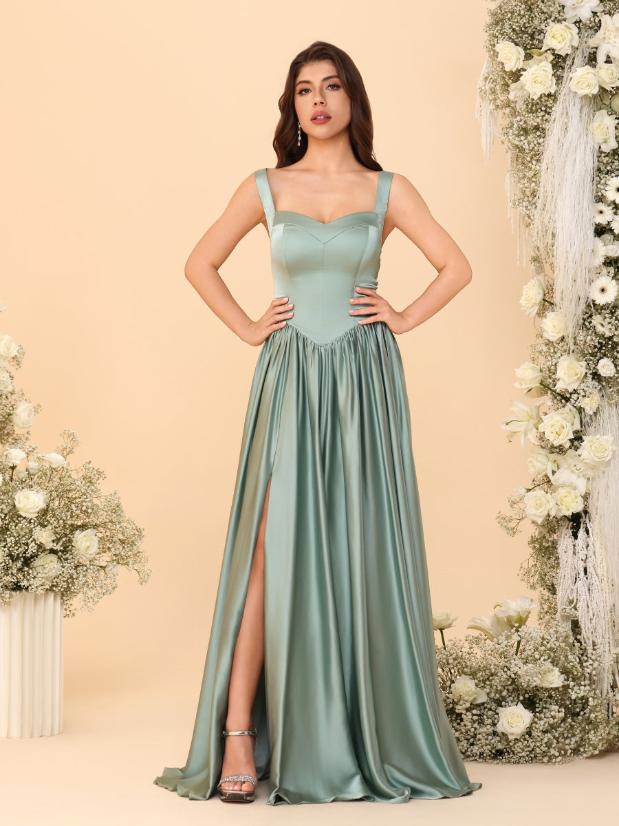 A-Line/Princess V-Neck Sleeveless Long Bridesmaid Dresses with Side Slit & Pleats
