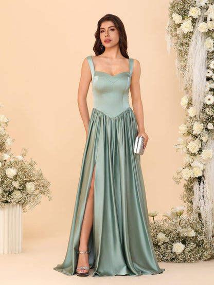 A-Line/Princess V-Neck Sleeveless Long Bridesmaid Dresses with Side Slit & Pleats