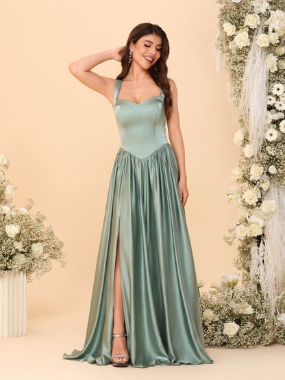 A-Line/Princess V-Neck Sleeveless Long Bridesmaid Dresses with Side Slit & Pleats