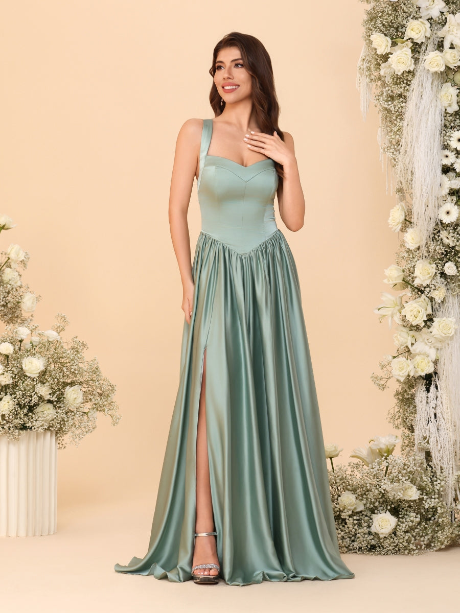 A-Line/Princess V-Neck Sleeveless Long Bridesmaid Dresses with Side Slit & Pleats