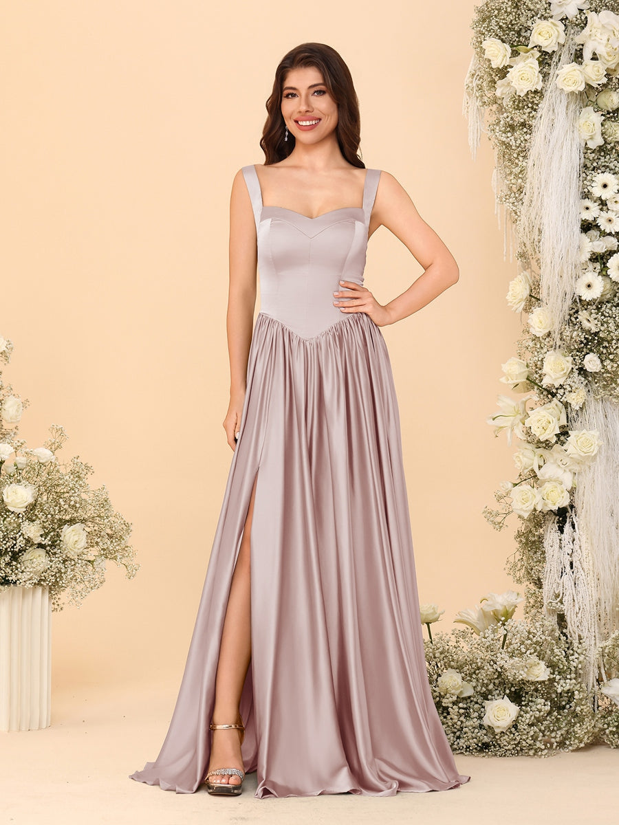 A-Line/Princess V-Neck Sleeveless Long Bridesmaid Dresses with Side Slit & Pleats