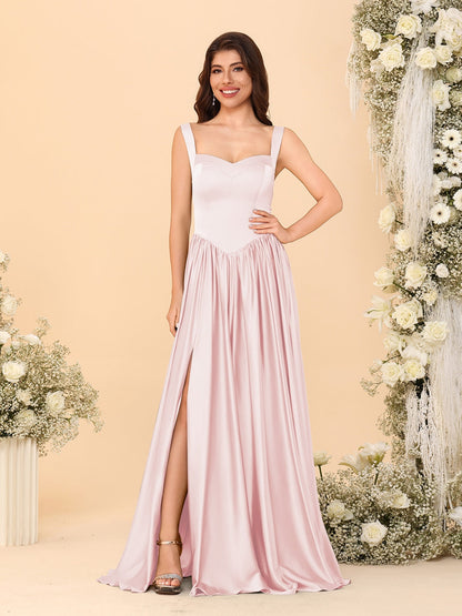 A-Line/Princess V-Neck Sleeveless Long Bridesmaid Dresses with Side Slit & Pleats