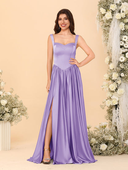 A-Line/Princess V-Neck Sleeveless Long Bridesmaid Dresses with Side Slit & Pleats
