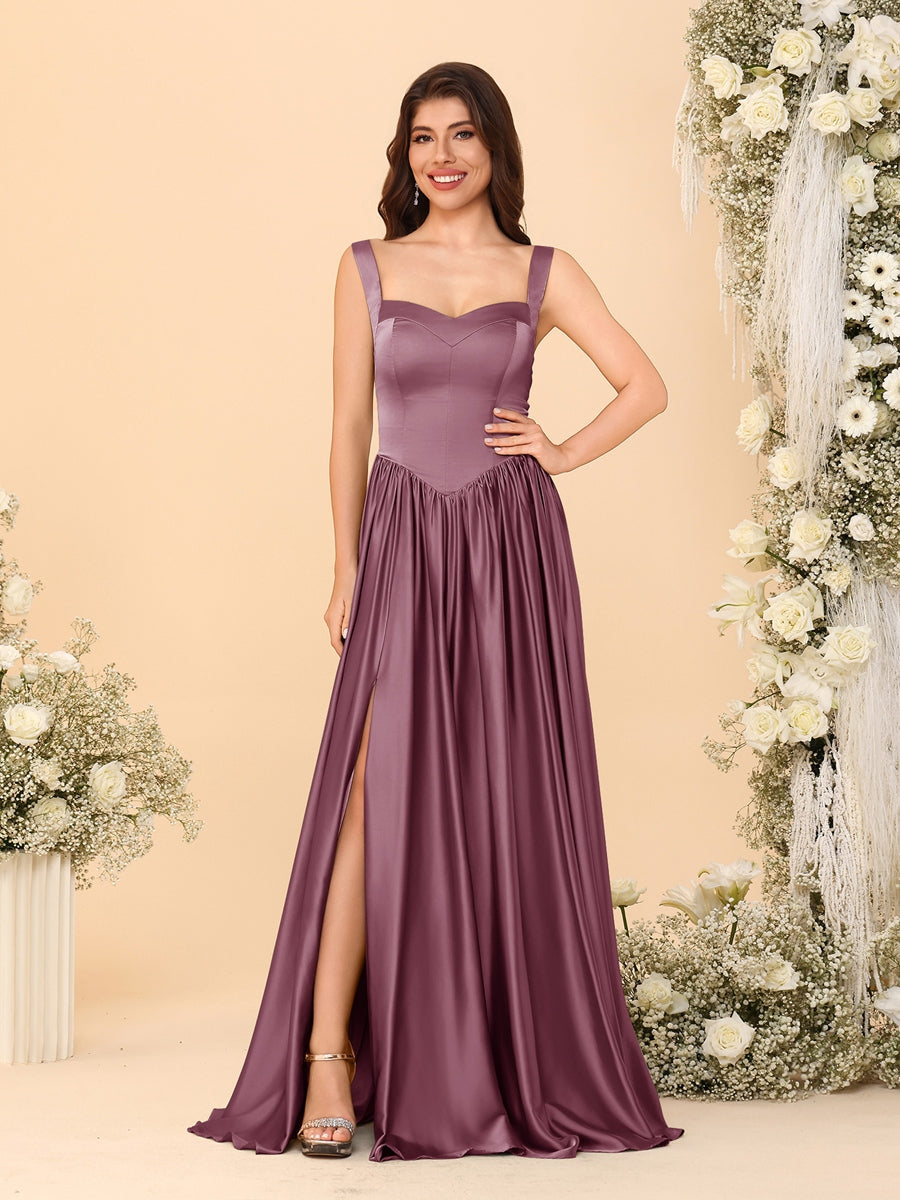 A-Line/Princess V-Neck Sleeveless Long Bridesmaid Dresses with Side Slit & Pleats